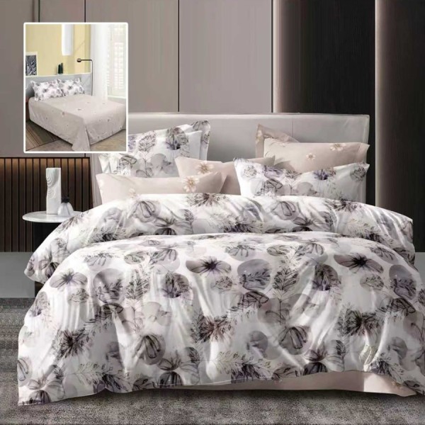 Lenjerie de pat dublu alba cu imprimeu flori gri bej si cearsaf drept uni bej deschis