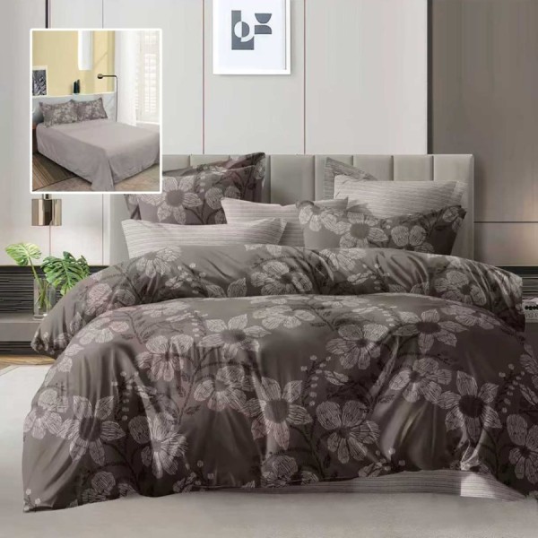 Lenjerie de pat dublu gri inchis cu imprimeu flori gri deschis si cearsaf drept uni gri
