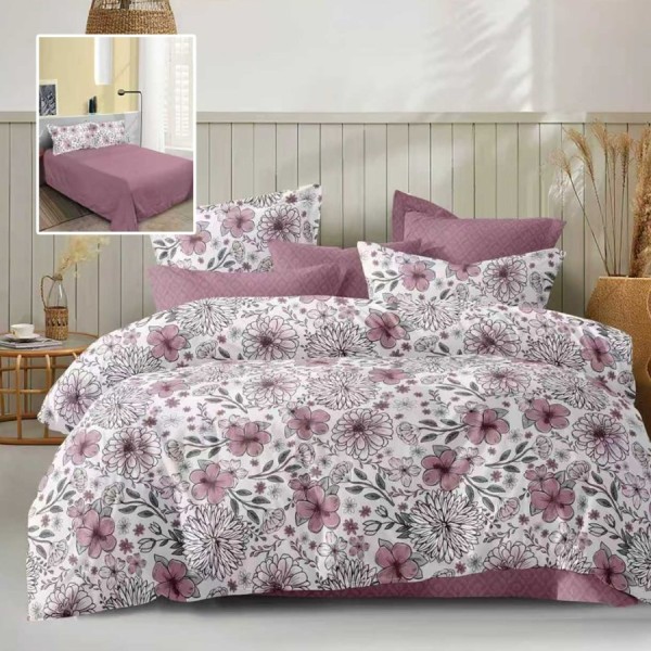 Lenjerie de pat dublu cu imprimeu floral mov si cearsaf drept uni mov
