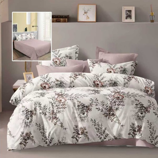 Lenjerie de pat dublu alba cu imprimeu flori roz cappuccino si cearsaf drept uni roz cappuccino