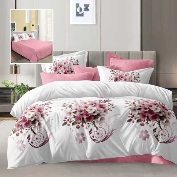 Lenjerie de pat dublu alba cu imprimeu flori roz si cearsaf drept uni roz