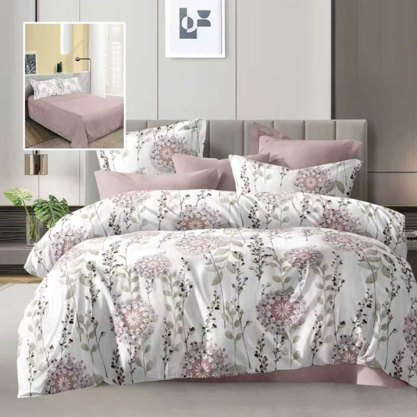 Lenjerie de pat dublu alba cu imprimeu flori roz pal si cearsaf drept uni roz pal