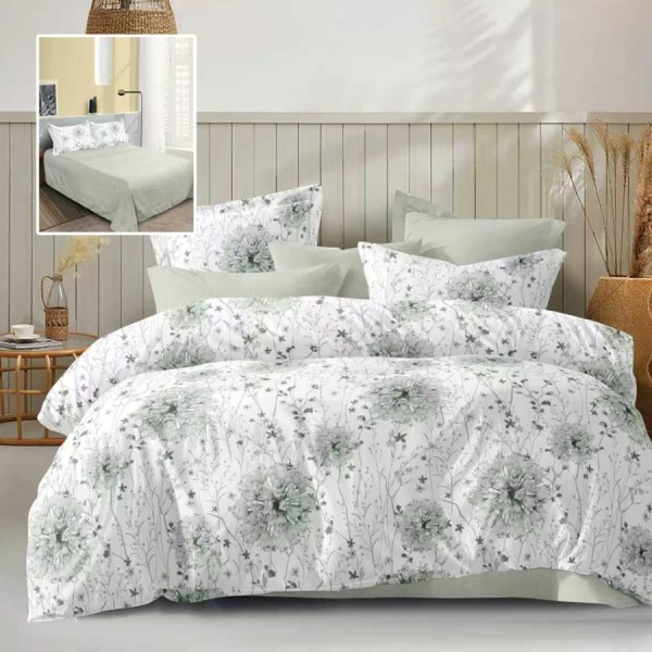 Lenjerie de pat dublu alba cu imprimeu flori verzi pastel si cearsaf drept uni verde pastel deschis