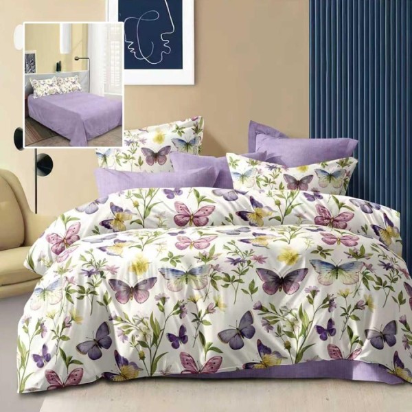 Lenjerie de pat dublu alba cu imprimeu fluturi mov si cearsaf drept mov deschis