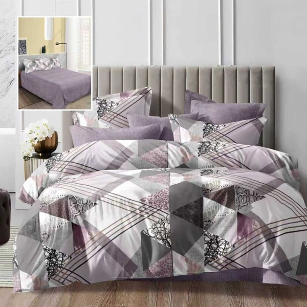 Lenjerie de pat dublu cu imprimeu forme gri mov si cearsaf drept mov deschis