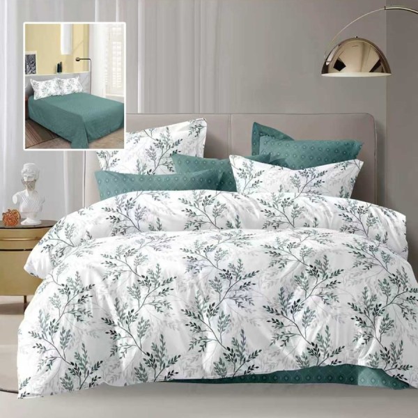 Lenjerie de pat dublu alba cu imprimeu frunze verzi smarald si cearsaf drept uni verde smarald