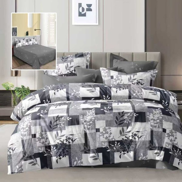 Lenjerie de pat dublu gri cu imprimeu floral si cearsaf drept gri inchis