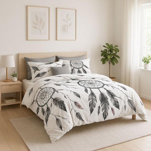 Lenjerie de pat dublu cu pene si cercuri etnice din bumbac si poliester Elvo- lenjerii 1+1 gratis