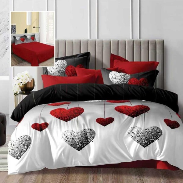 Lenjerie de pat dublu alba cu imprimeu inimi rosu gri si cearsaf drept uni rosu