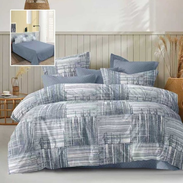 Lenjerie de pat dublu gri cu imprimeu in linii si cearsaf drept gri inchis