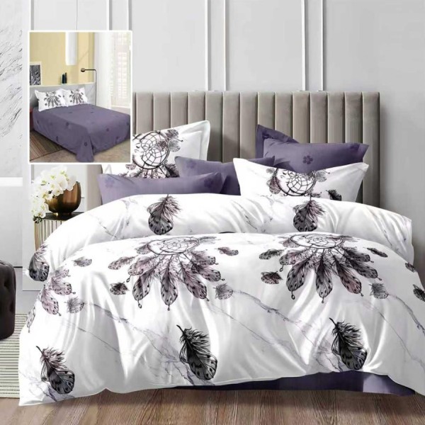 Lenjerie de pat dublu alba cu imprimeu pene gri mov si cearsaf drept uni mov inchis