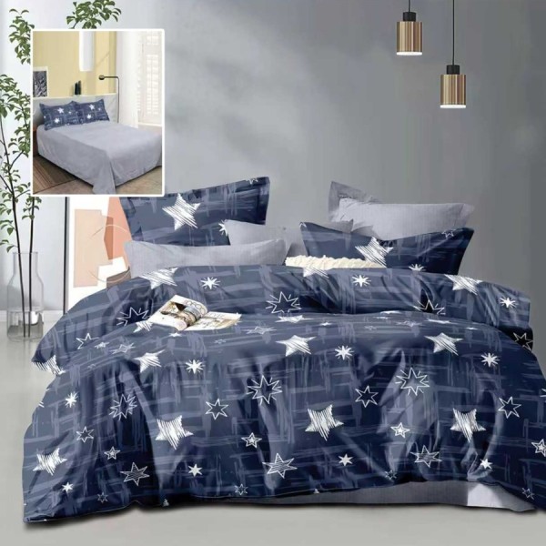 Lenjerie de pat dublu bleumarin cu imprimeu stelute albe si cearsaf drept uni gri deschis