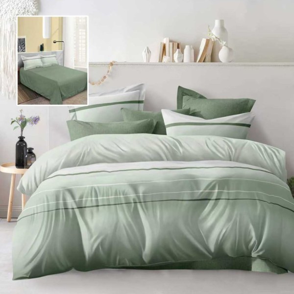 Lenjerie de pat dublu verde cu dungi si cearsaf drept verde inchis