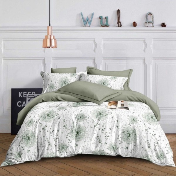 Lenjerie pat dublu model flori verzi delicate 1+1 gratis microfibra