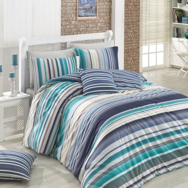 Lenjerie de pat dublu bumbac 100% ranforce bleu, albastru și alb cu design în dungi - Bahar Home Marino