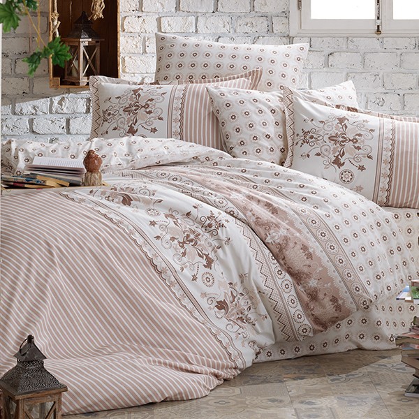Lenjerie de pat dublu Ralex Pucioasa Costa, bumbac 100% ranforce, design elegant alb și maro, motive florale și geometrice pentru un aspect clasic și rafinat