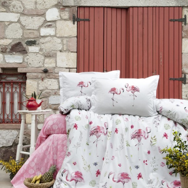 Lenjerie de pat din bumbac ranforce Mina cu design floral și imprimeu de flamingo, în nuanțe de roz, verde și alb