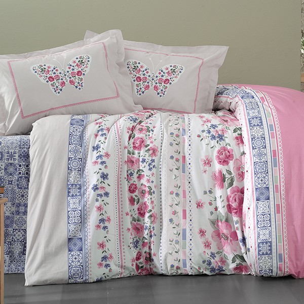 Lenjerie de pat bumbac 100% ranforce Monella v1 cu design floral colorat și fluturi