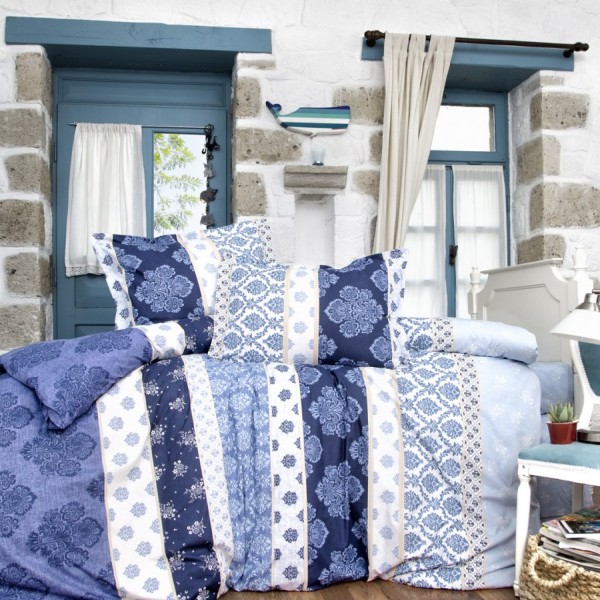 Lenjerie de pat din bumbac ranforce Nova V2 cu design floral și dungi verticale, în nuanțe de albastru, alb și bleu