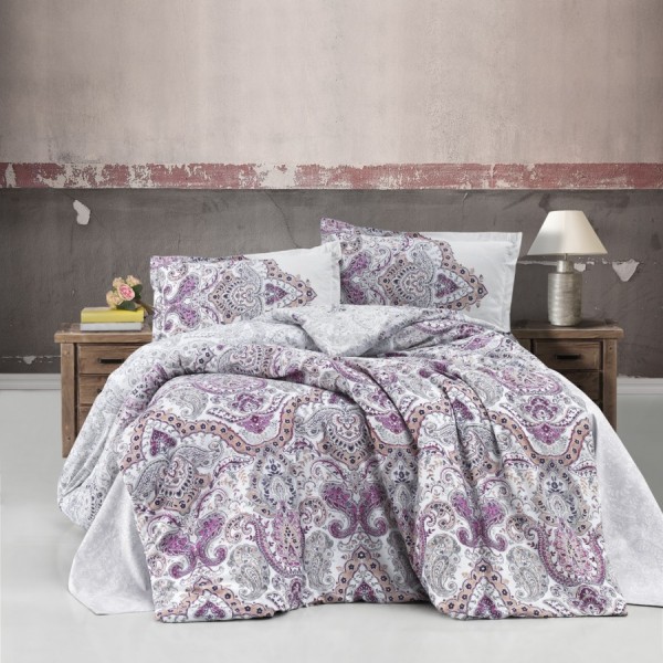 Lenjerie de pat dublu bumbac 100% ranforce Ralex Pucioasa Paliza cu design paisley în nuanțe de mov și gri.