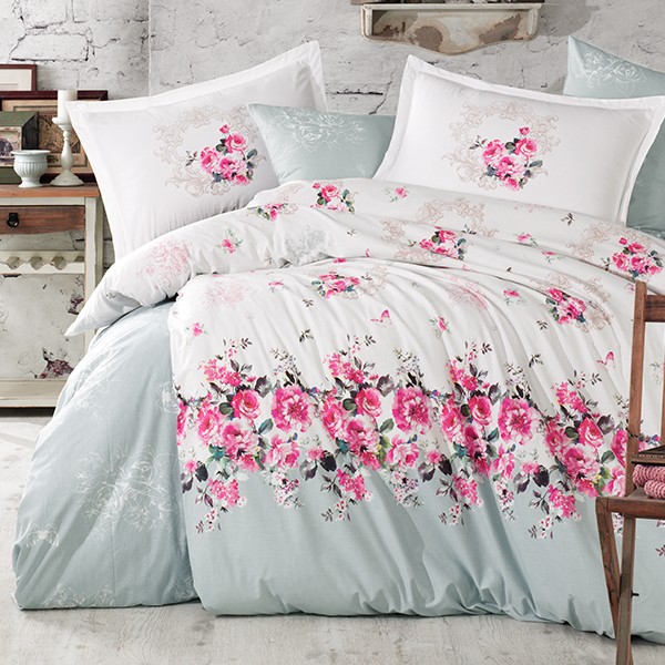 Lenjerie de pat bumbac 100% ranforce Rade cu design floral alb și gri deschis, și flori roz