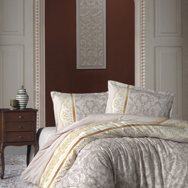 Lenjerie de pat dublu bumbac 100% ranforce Ralex Pucioasa Roco V1, design baroc elegant, bej și auriu