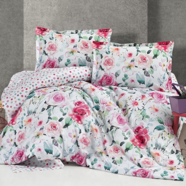 Lenjerie de pat dublu bumbac 100%, model floral cu trandafiri roz și roșii pe fundal alb.