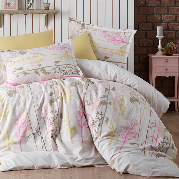 Lenjerie de pat bumbac 100% ranforce Santorini cu design floral delicat alb, roz, galben și crem