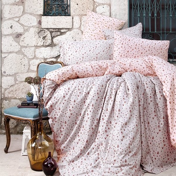 Lenjerie de pat dublu Ralex Pucioasa Valeria, bumbac 100% ranforce, design roz și alb, motive florale delicate
