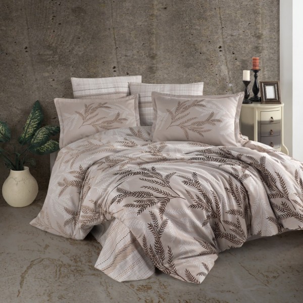 Lenjerie de pat din bumbac satinat Alisa Cotton Box, set 4 piese, design elegant cu frunze, culori maro și bej.