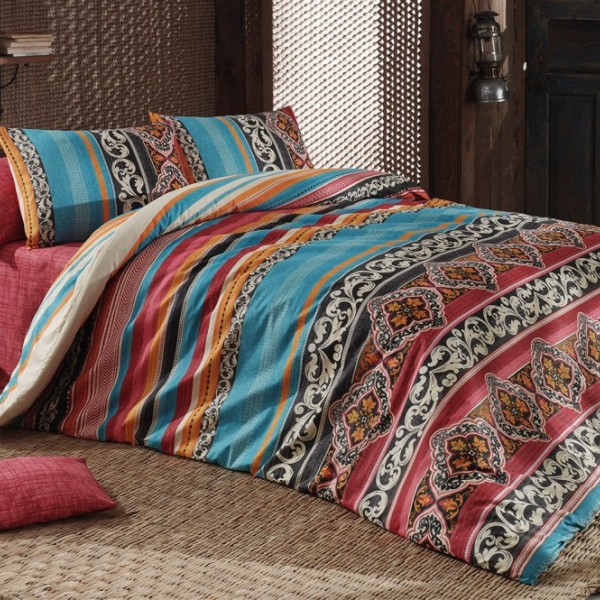 Lenjerie de pat dublu bumbac 100% ranforce cu design etnic multicolor - Bahar Home Adriana