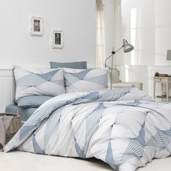 Lenjerie de pat dublu bumbac 100% ranforce albastru și alb cu design geometric abstract - Bahar Home Break Blue