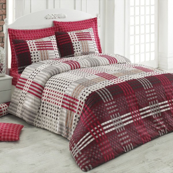 Lenjerie de pat pentru o persoană Bahar Home Cameron, bumbac 100% ranforce, design roșu, gri și alb, motive geometrice și carouri elegante