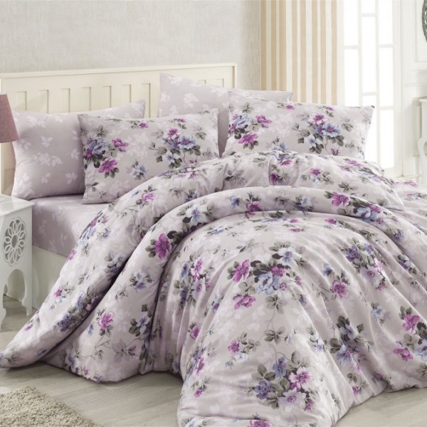 Lenjerie de pat pentru o persoană Bahar Home Dore, bumbac 100% ranforce, design lila și mov, motive florale delicate