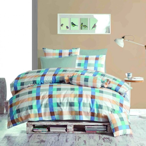 Lenjerie de pat pentru o persoană Bahar Home Ekose Blue, bumbac 100% ranforce, design carouri colorate, albastru, verde, portocaliu și maro