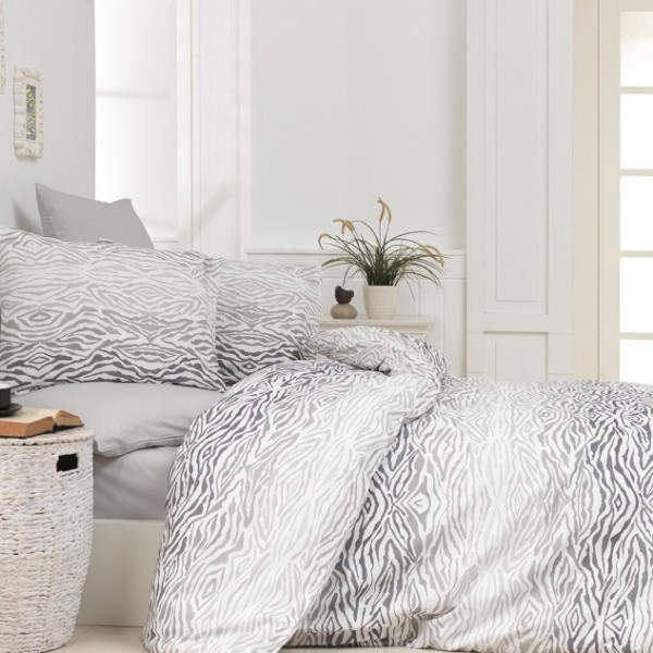 Lenjerie de pat pentru o persoană Bahar Home Gravr, bumbac 100% ranforce, design alb și gri, motive abstracte elegante