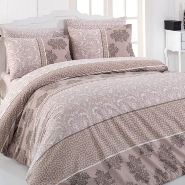 Lenjerie de pat din bumbac ranforce Harem Beige cu design floral și modele geometrice, în nuanțe de bej și maro