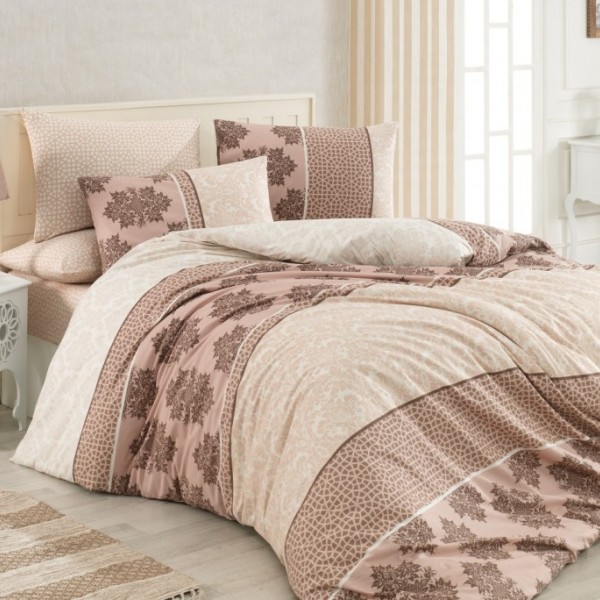 Lenjerie de pat din bumbac ranforce Harem V4 cu design floral și modele geometrice, în nuanțe de maro și crem