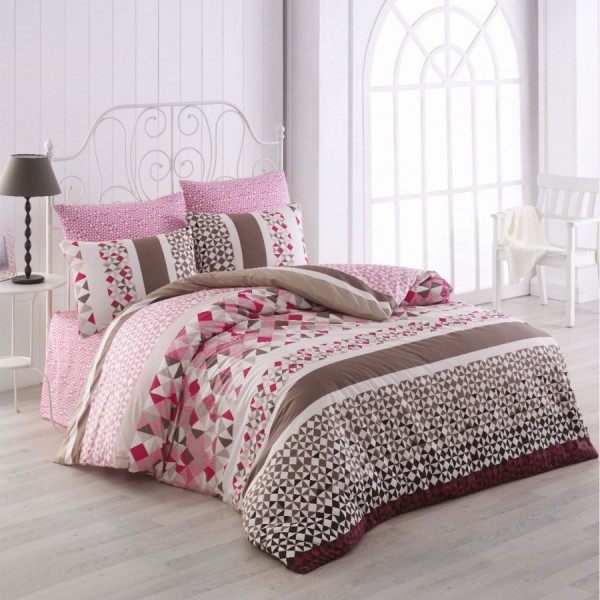 Lenjerie de pat pentru o persoană Bahar Home Laviva, bumbac 100% ranforce, design roz, maro și alb, motive geometrice și modele colorate