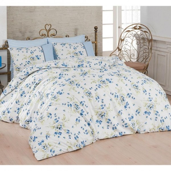 Lenjerie de pat din bumbac ranforce Modena V2 cu design floral, în nuanțe de albastru, verde și alb