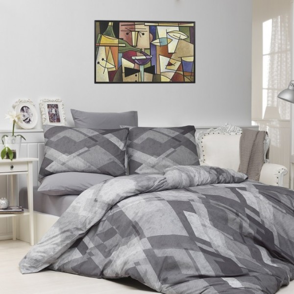 Lenjerie de pat dublu bumbac 100% ranforce gri cu model geometric abstract - Bahar Home Mosaic Grey