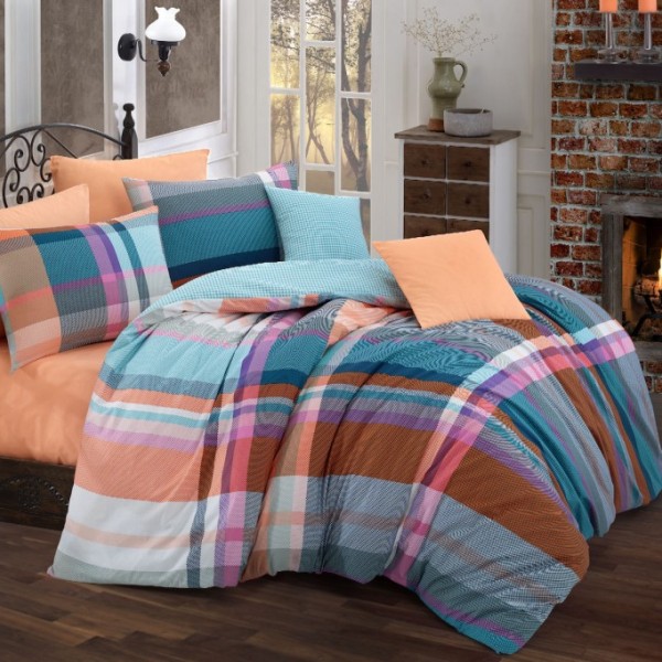 Lenjerie de pat din bumbac ranforce Nicol cu design geometric în culori de albastru, portocaliu și mov