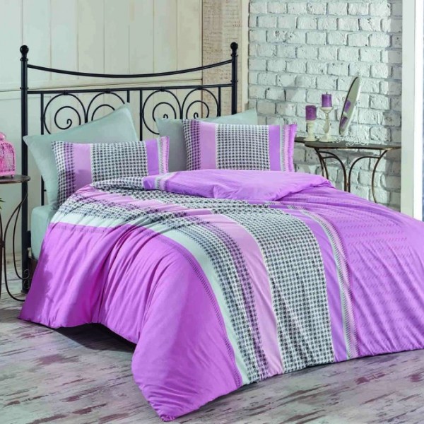 Lenjerie de pat dublu bumbac 100% ranforce roz, alb și negru cu design geometric - Bahar Home Pelin Pink
