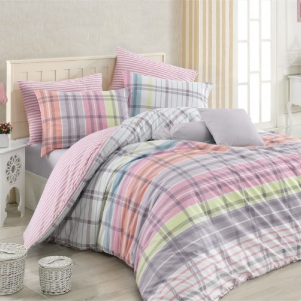 Lenjerie de pat din bumbac ranforce Riva cu design în carouri multicolore, nuanțe de roz, verde, gri și alb