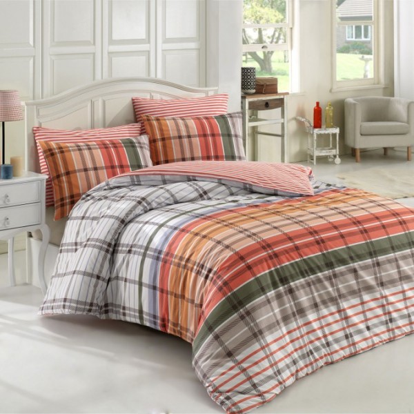 Lenjerie de pat din bumbac ranforce Riva V3 cu design în carouri mari și dungi, în nuanțe de roșu, portocaliu, verde, maro și alb