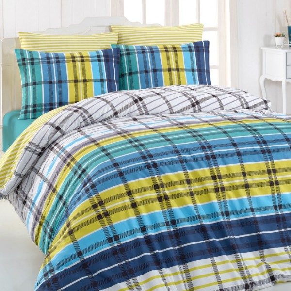 Lenjerie de pat din bumbac ranforce Riva V4 cu design în carouri mari, în nuanțe de albastru, galben, verde și alb