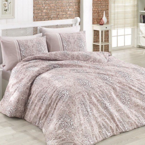 Lenjerie de pat din bumbac ranforce Siria V1 cu design floral baroc, în nuanțe de bej deschis și alb