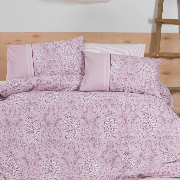 Lenjerie de pat din bumbac ranforce Siria V3 cu design floral baroc, în nuanțe de mov deschis și alb