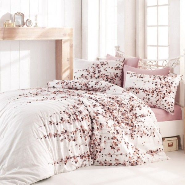 Lenjerie de pat dublu bumbac 100% ranforce alb cu flori maro și roz - Bahar Home Time Pink