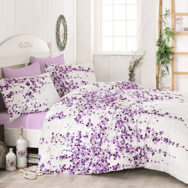 Lenjerie de pat dublu bumbac 100% ranforce alb cu flori mov și roz - Bahar Home Time Pink